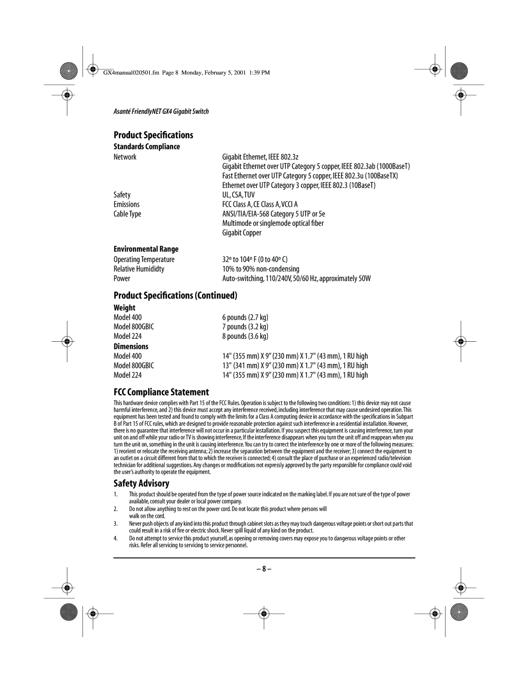 Asante Technologies GX4-800GBIC user manual Product Speciﬁcations, FCC Compliance Statement, Safety Advisory, Ul, Csa,Tuv 