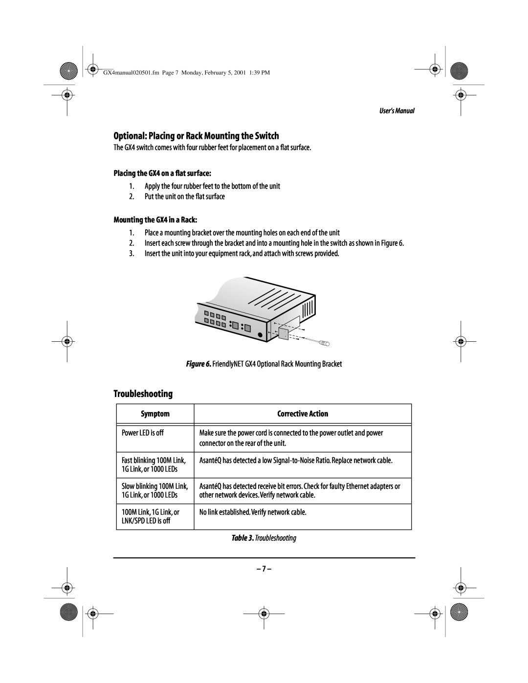 Asante Technologies GX4-800GBIC user manual Optional Placing or Rack Mounting the Switch, Troubleshooting 