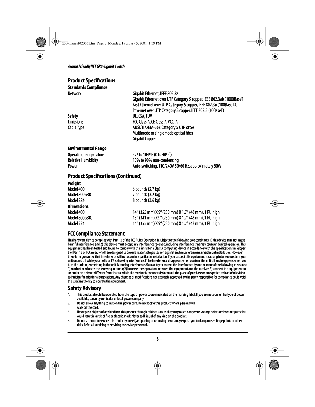 Asante Technologies GX4-800GBIC user manual Product Speciﬁcations Continued, FCC Compliance Statement, Safety Advisory 
