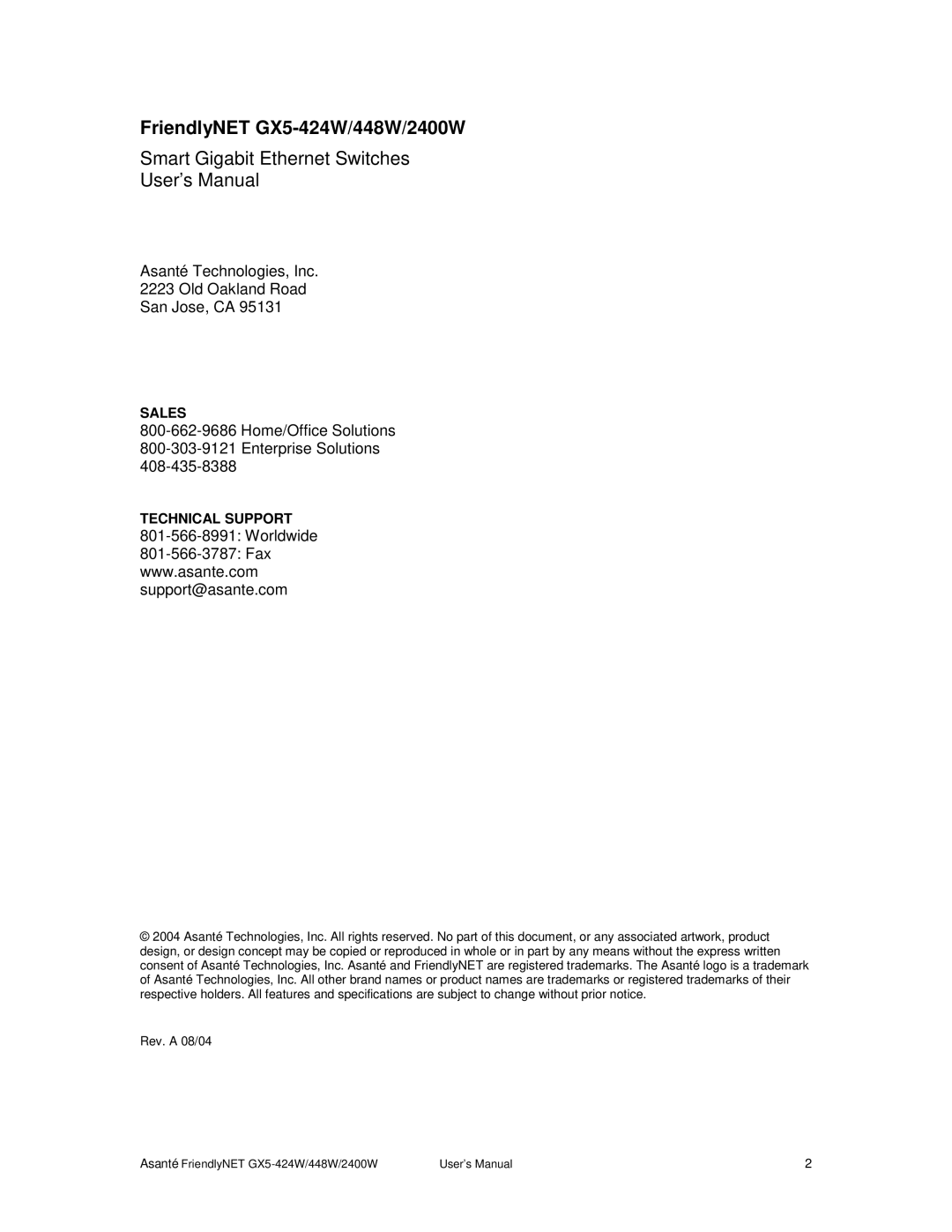 Asante Technologies GX5-2400W user manual FriendlyNET GX5-424W/448W/2400W, Smart Gigabit Ethernet Switches User’s Manual 