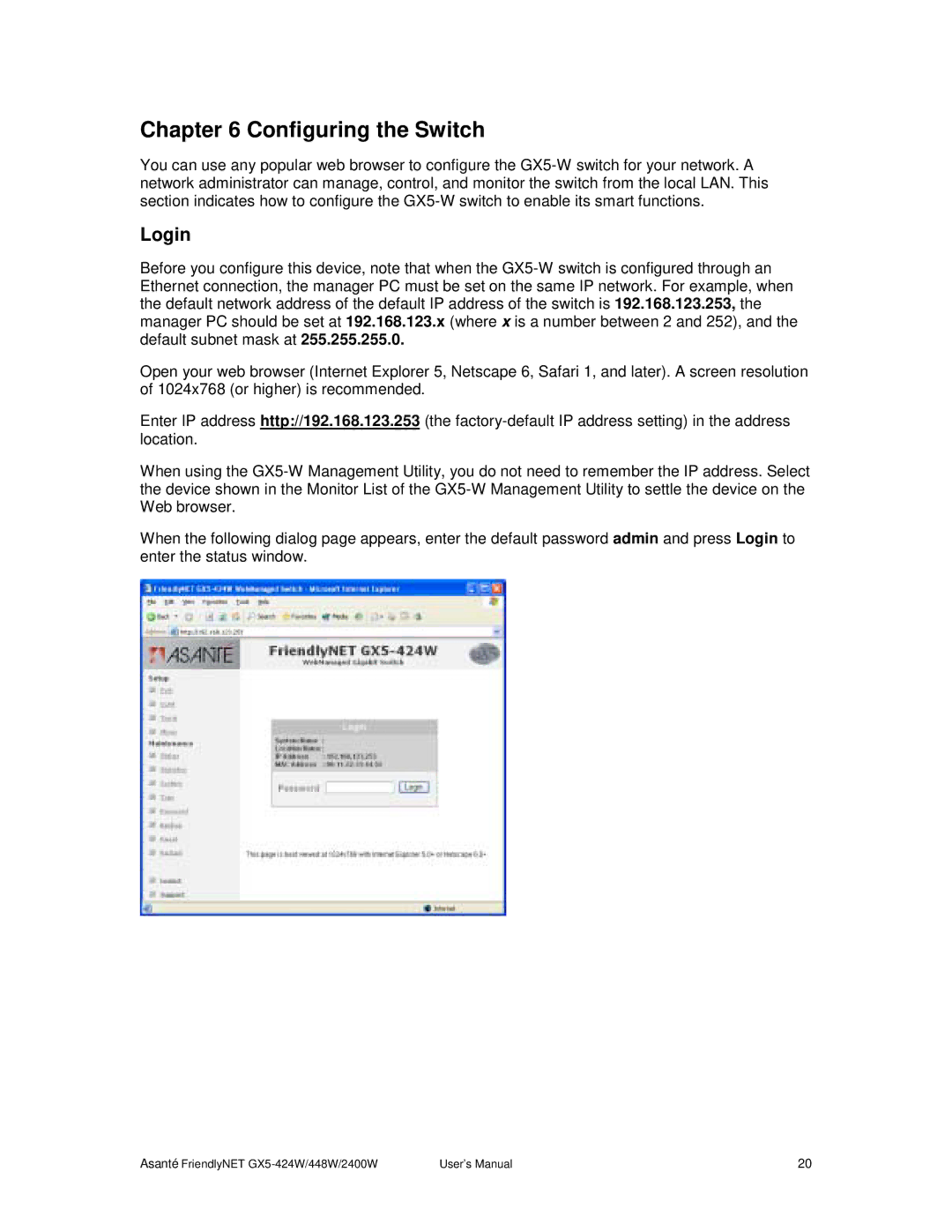 Asante Technologies GX5-424W, GX5-2400W user manual Configuring the Switch, Login 