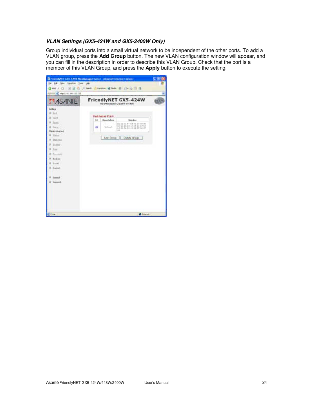 Asante Technologies user manual Vlan Settings GX5-424W and GX5-2400W Only 