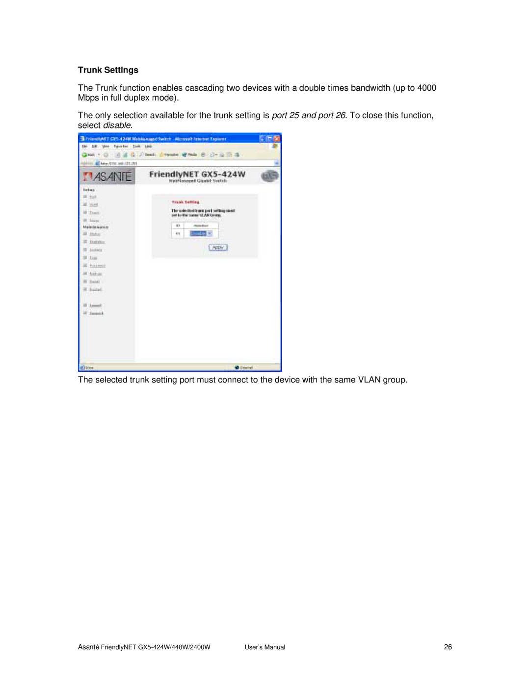 Asante Technologies GX5-424W, GX5-2400W user manual Trunk Settings 