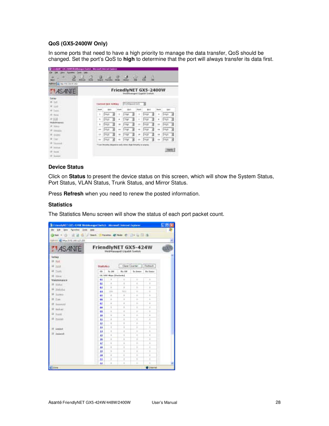 Asante Technologies GX5-424W user manual QoS GX5-2400W Only, Device Status, Statistics 