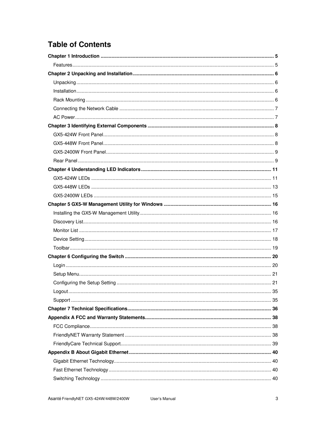 Asante Technologies GX5-2400W, GX5-424W user manual Table of Contents 