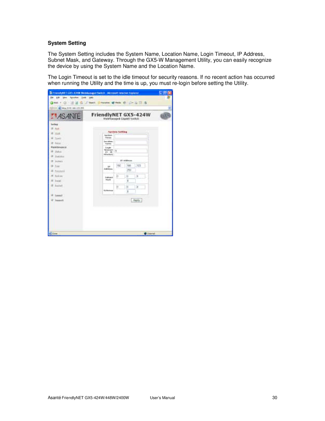 Asante Technologies GX5-424W, GX5-2400W user manual System Setting 