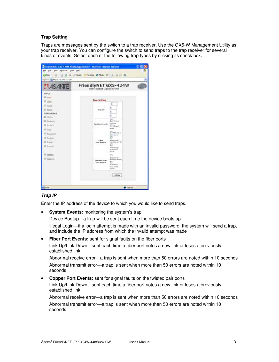 Asante Technologies GX5-2400W, GX5-424W user manual Trap Setting, Trap IP 