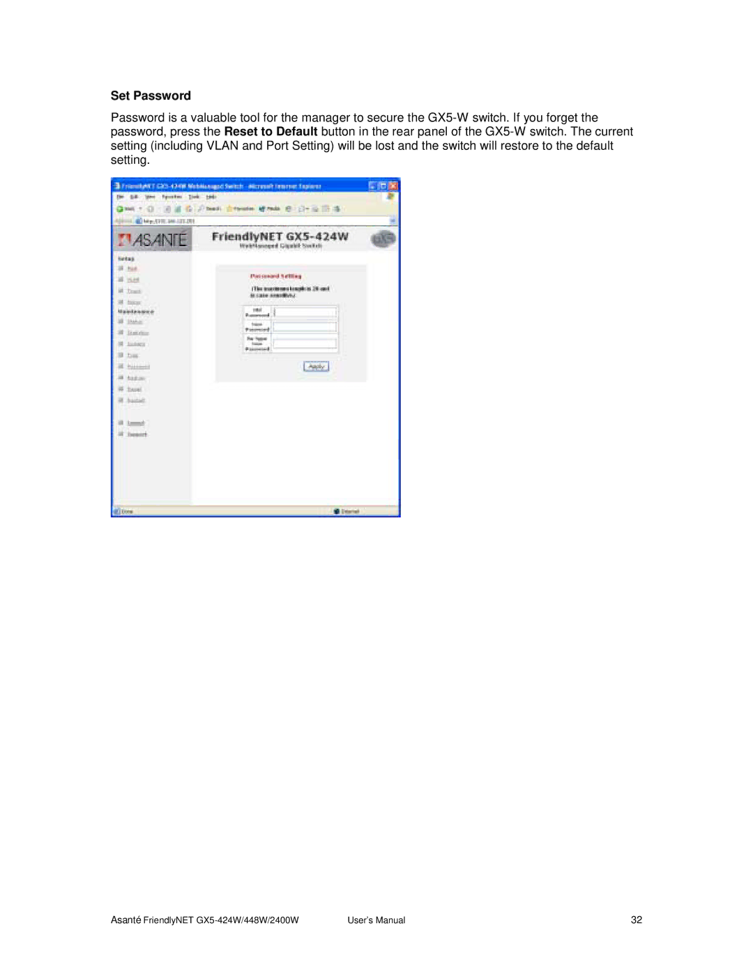 Asante Technologies GX5-424W, GX5-2400W user manual Set Password 