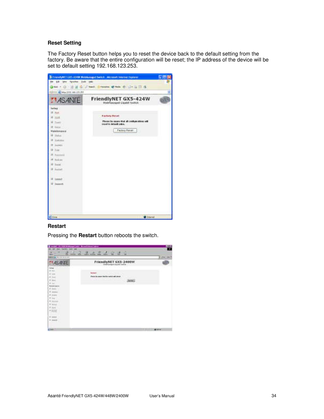 Asante Technologies GX5-424W, GX5-2400W user manual Reset Setting, Restart 