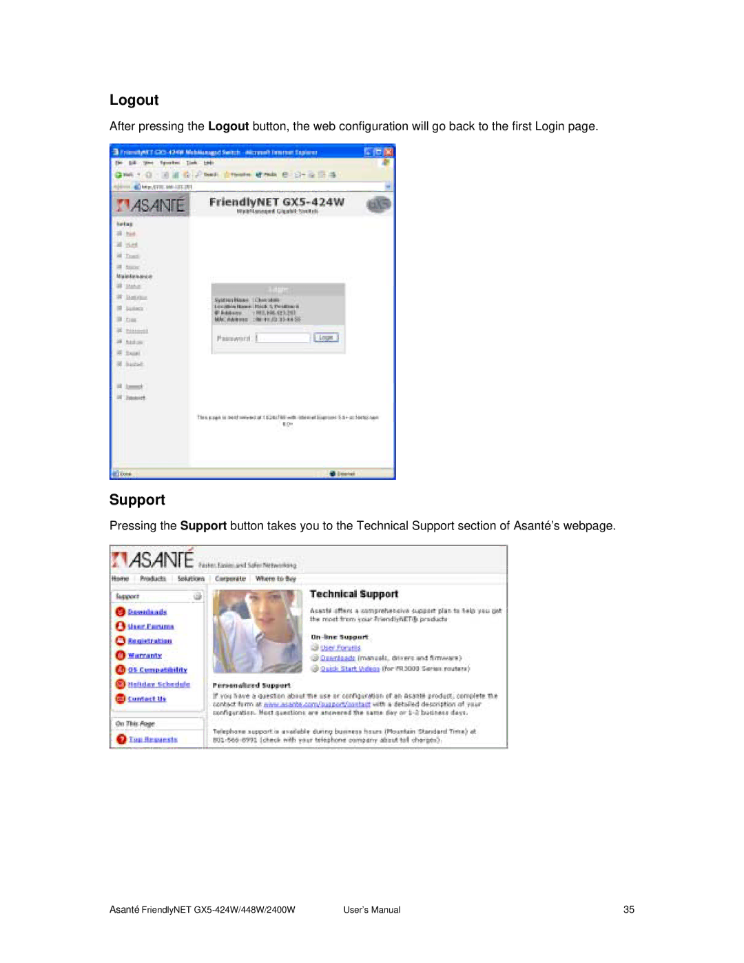 Asante Technologies GX5-2400W, GX5-424W user manual Logout, Support 