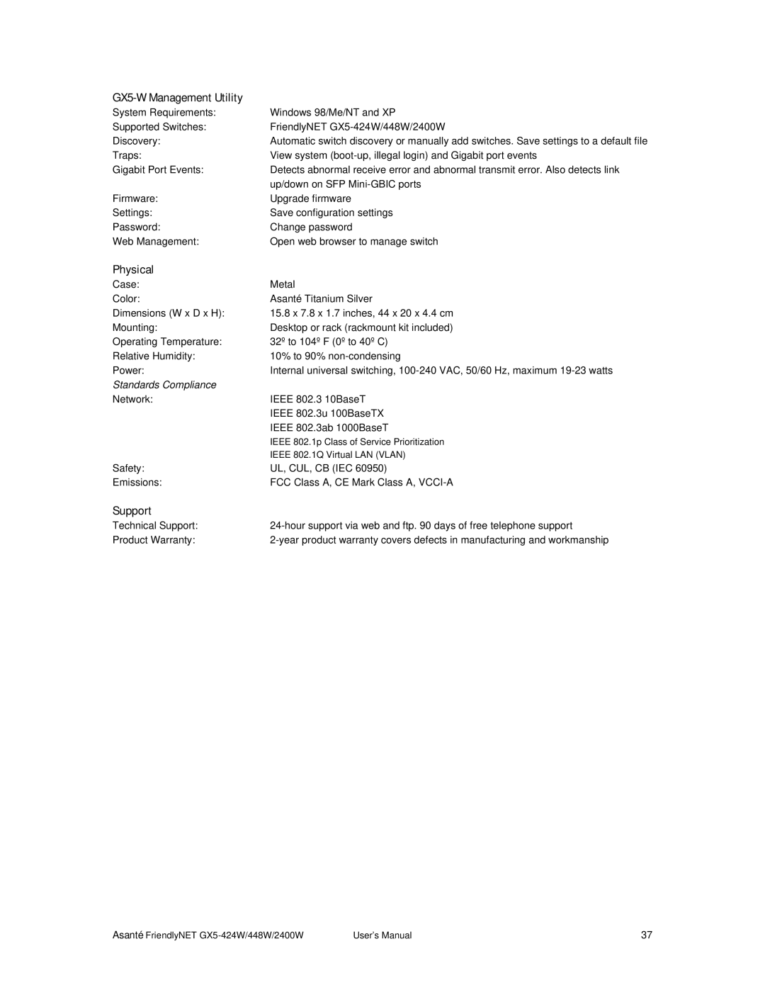 Asante Technologies GX5-2400W, GX5-424W user manual GX5-W Management Utility, Physical, Support 