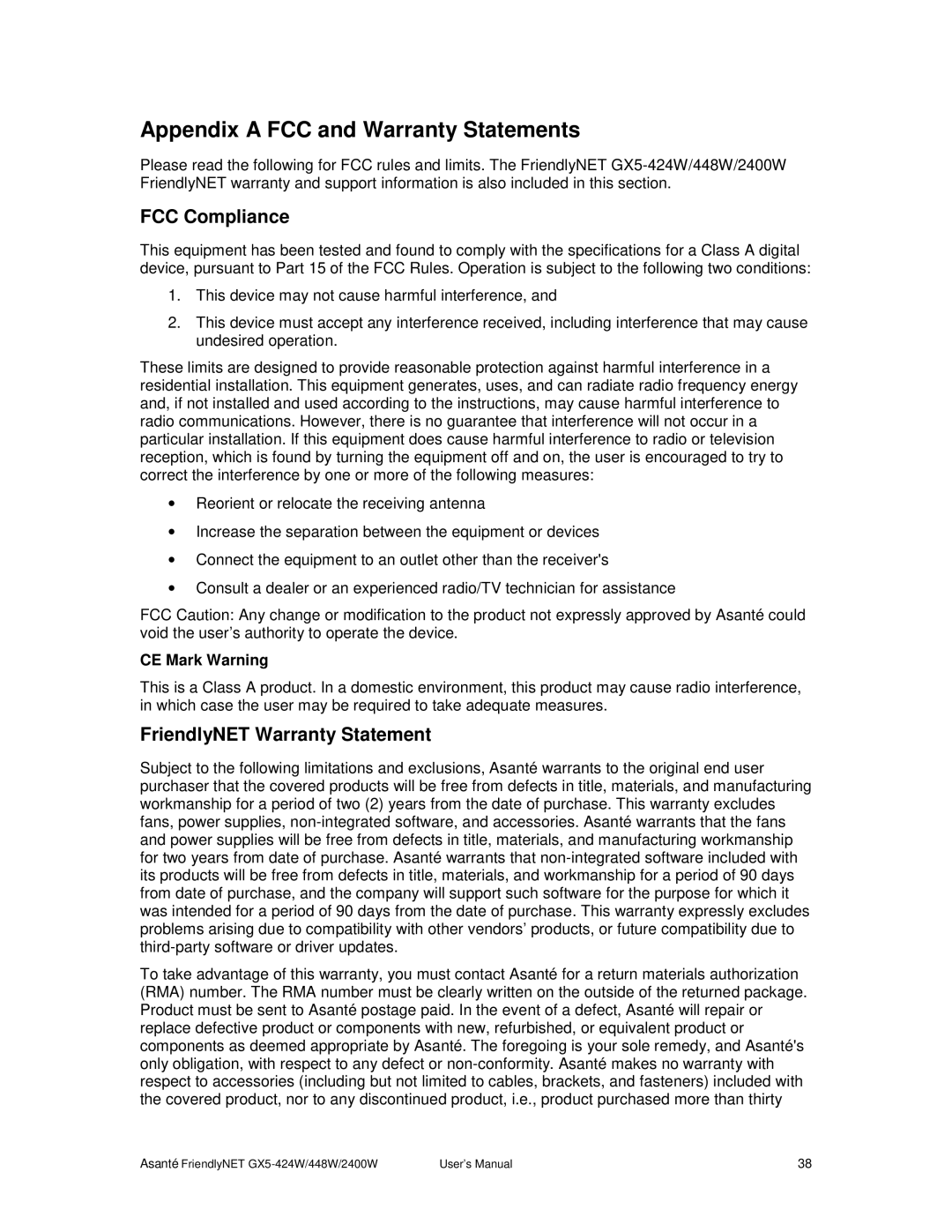 Asante Technologies GX5-424W Appendix a FCC and Warranty Statements, FCC Compliance, FriendlyNET Warranty Statement 