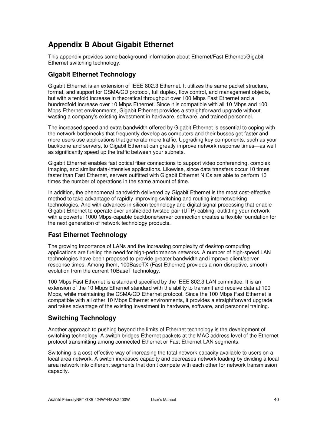 Asante Technologies GX5-424W Appendix B About Gigabit Ethernet, Gigabit Ethernet Technology, Fast Ethernet Technology 