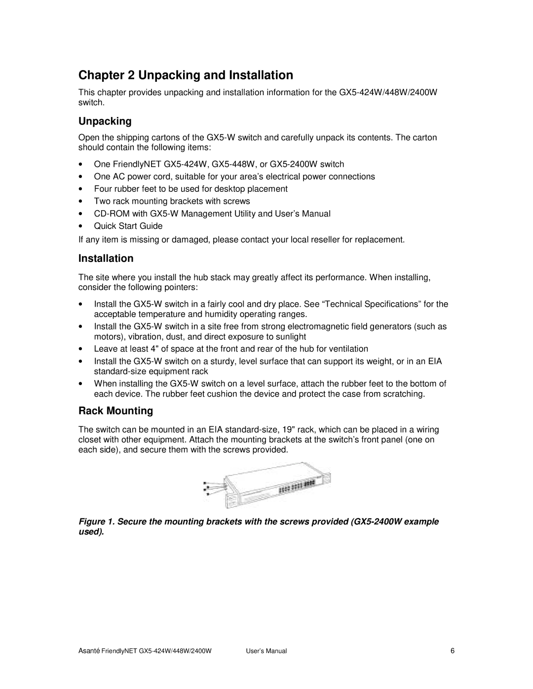 Asante Technologies GX5-424W, GX5-2400W user manual Unpacking and Installation, Rack Mounting 