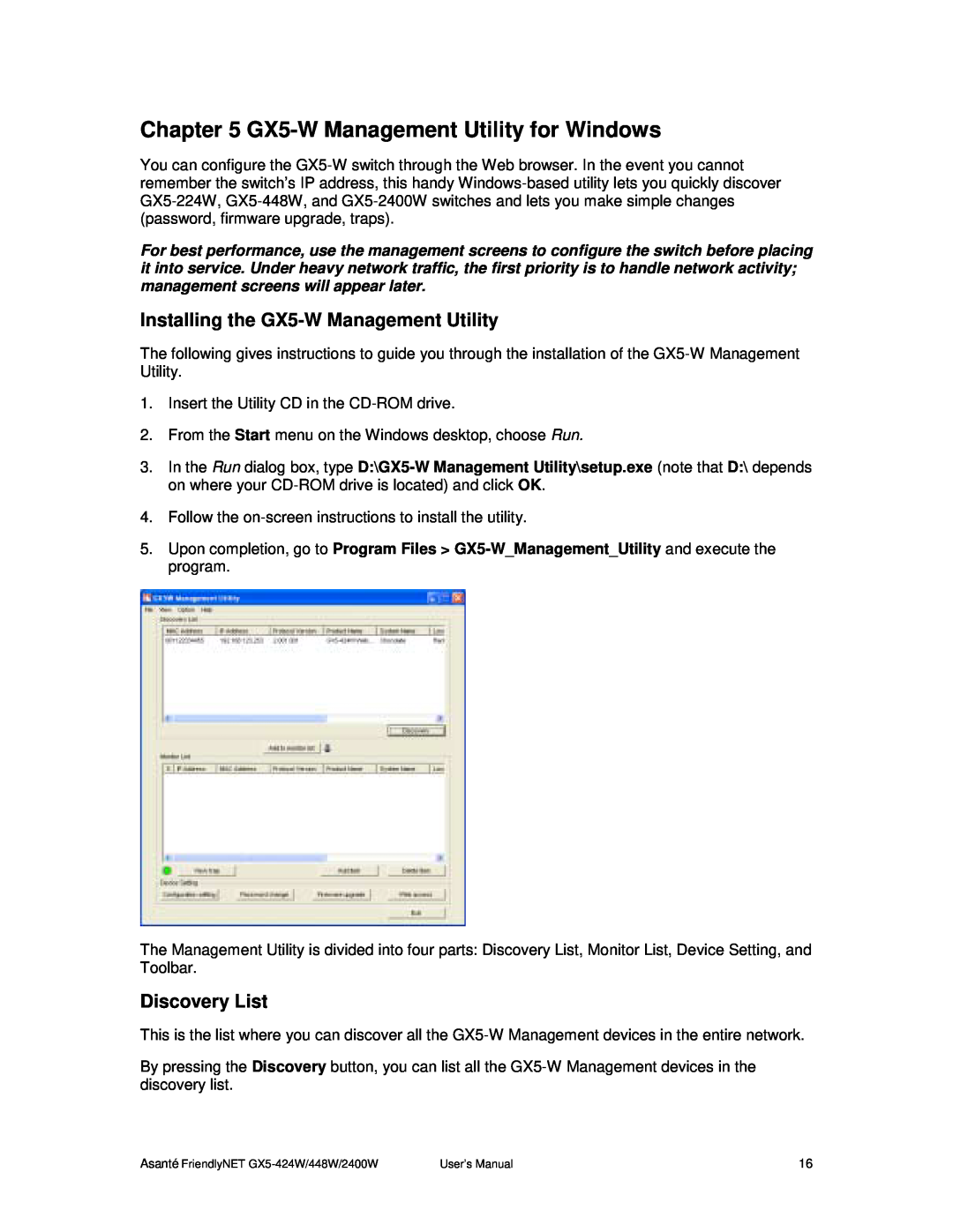 Asante Technologies GX5-424W GX5-W Management Utility for Windows, Installing the GX5-W Management Utility, Discovery List 