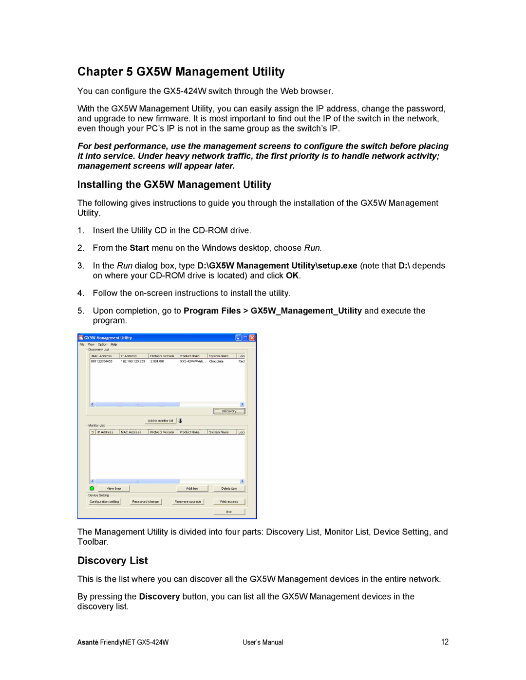 Asante Technologies GX5-424W user manual Installing the GX5W Management Utility, Discovery List 