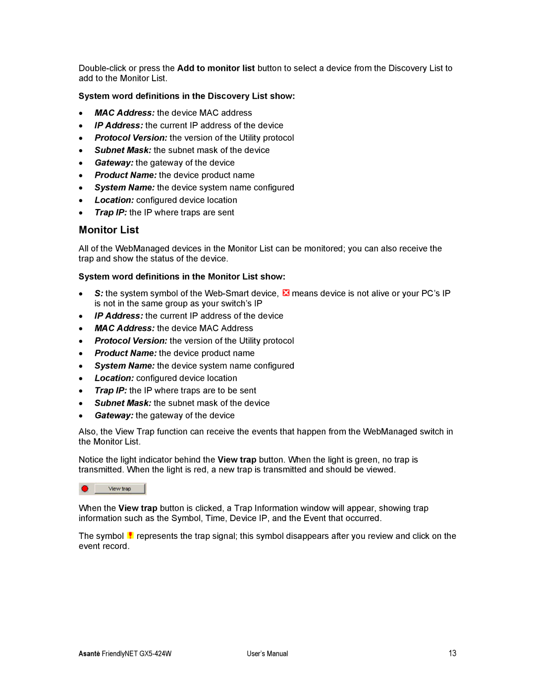 Asante Technologies GX5-424W user manual Monitor List, System word definitions in the Discovery List show 