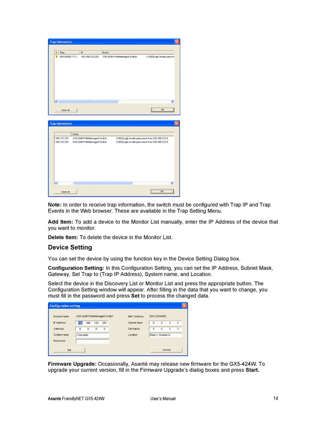 Asante Technologies GX5-424W user manual Device Setting 