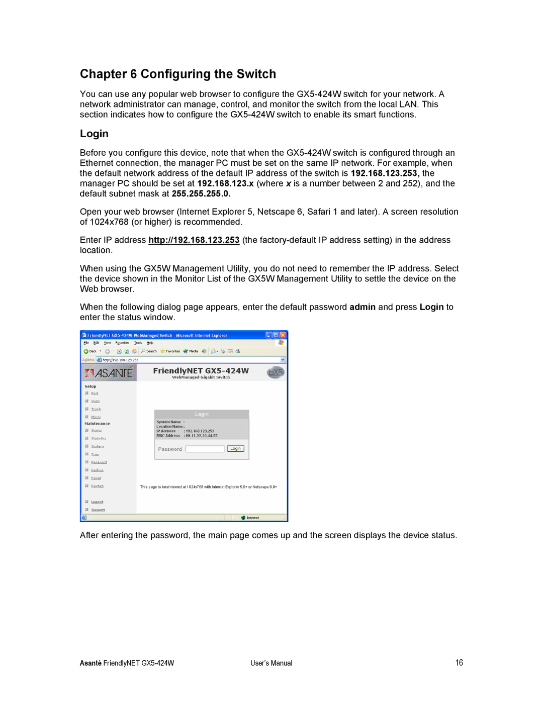 Asante Technologies GX5-424W user manual Configuring the Switch, Login 