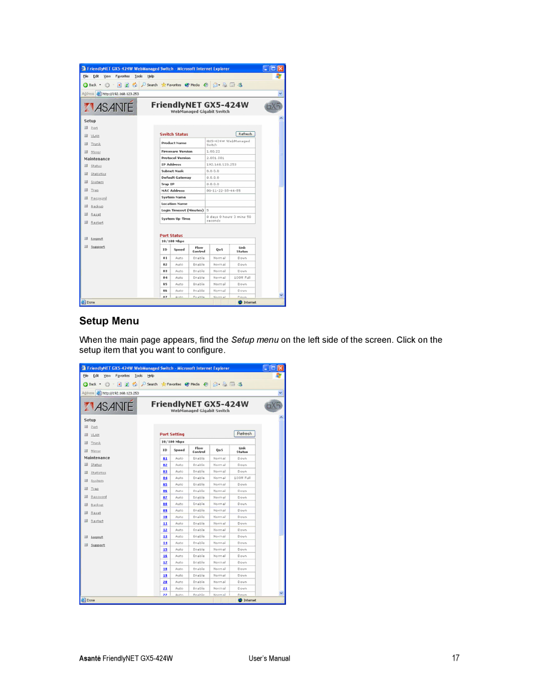 Asante Technologies GX5-424W user manual Setup Menu 