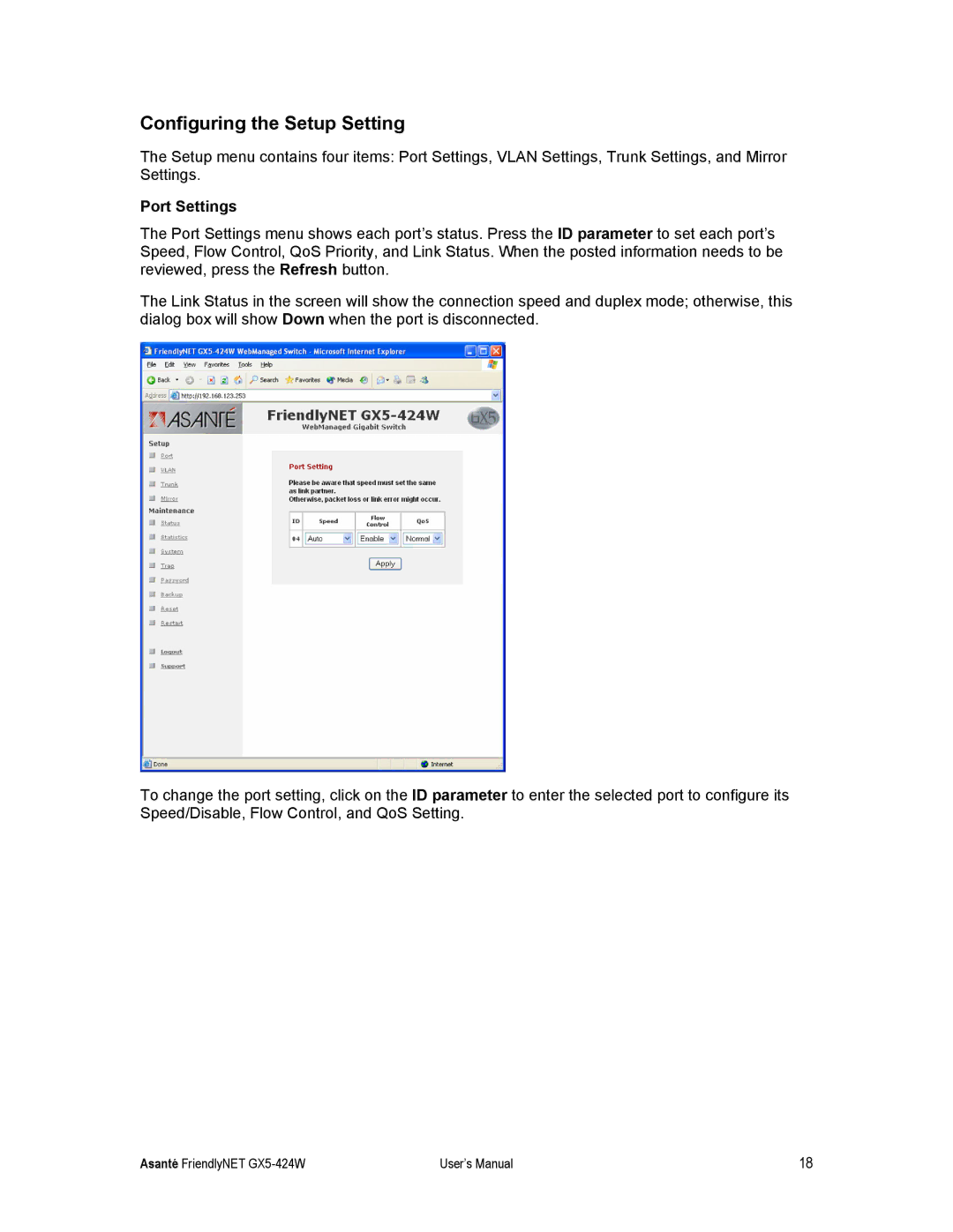 Asante Technologies GX5-424W user manual Configuring the Setup Setting, Port Settings 