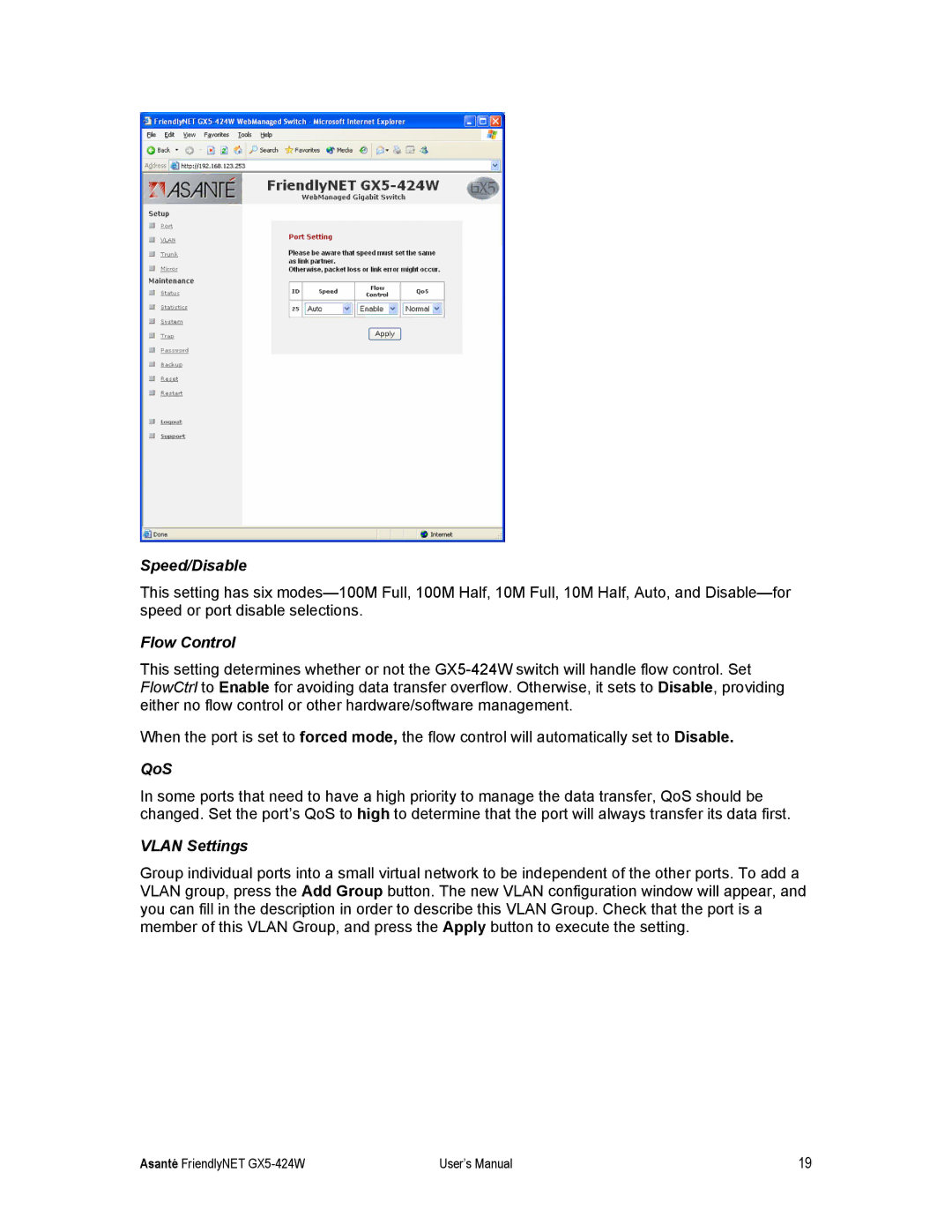 Asante Technologies GX5-424W user manual Speed/Disable 