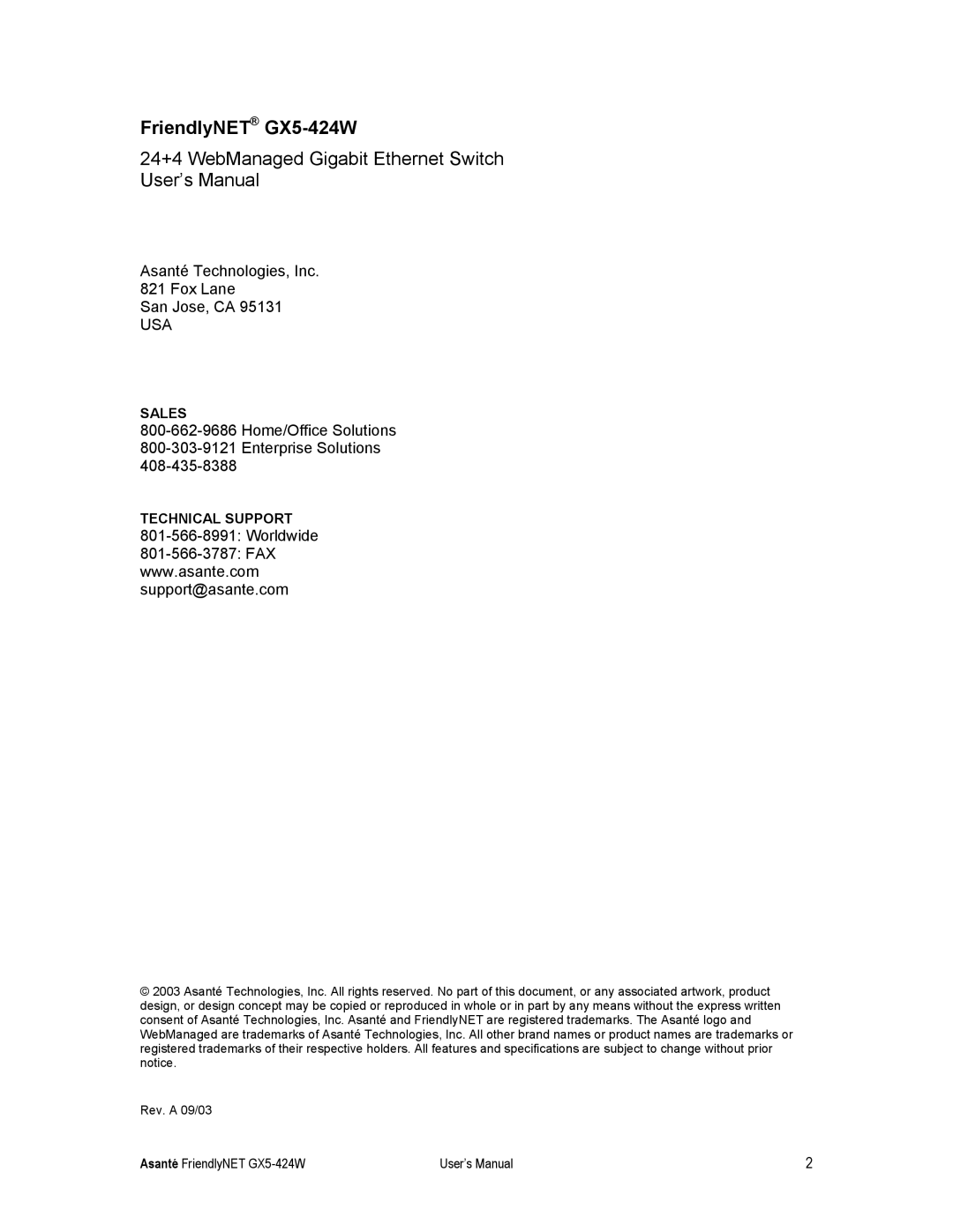 Asante Technologies user manual FriendlyNET GX5-424W, 24+4 WebManaged Gigabit Ethernet Switch User’s Manual 