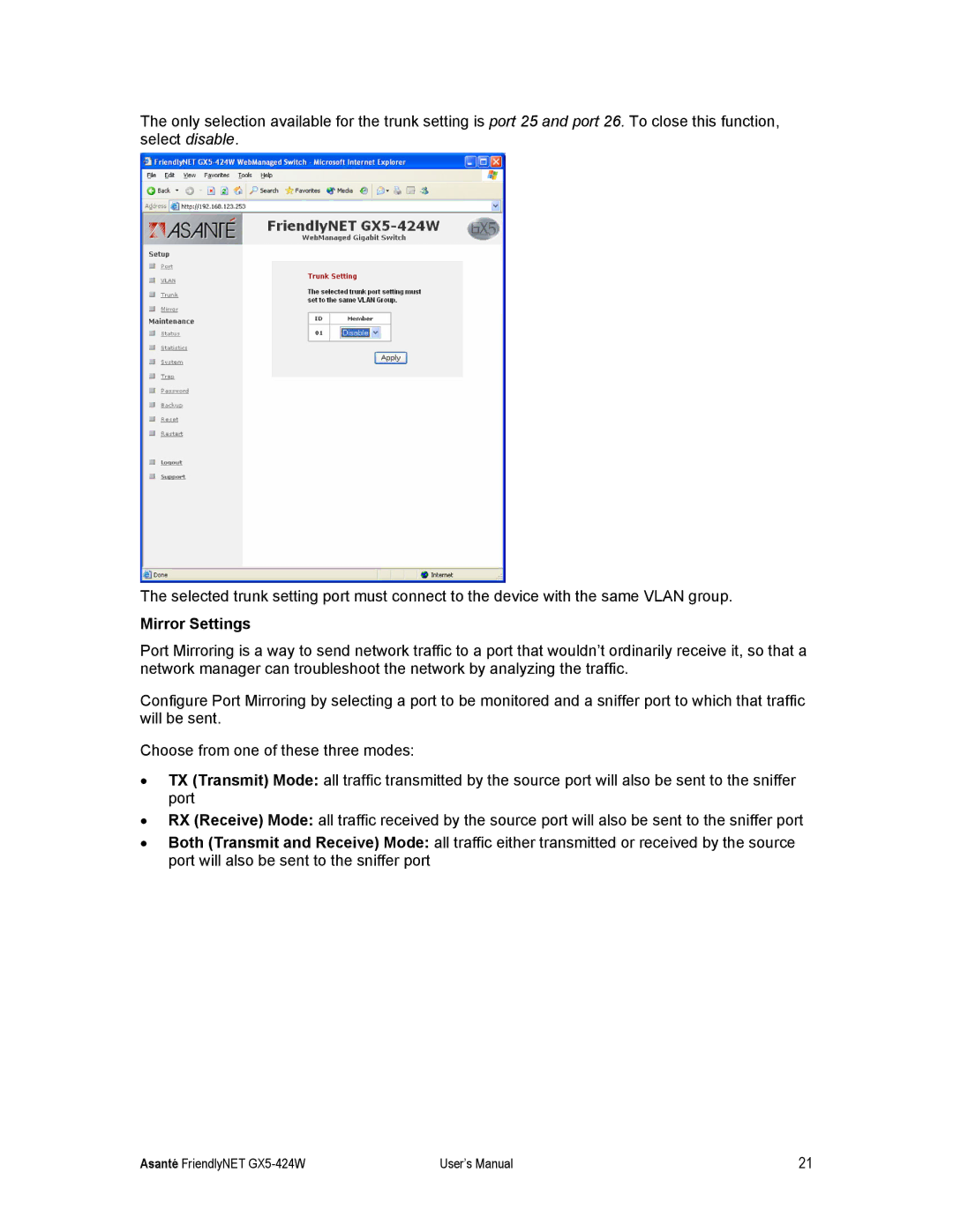 Asante Technologies GX5-424W user manual Mirror Settings 