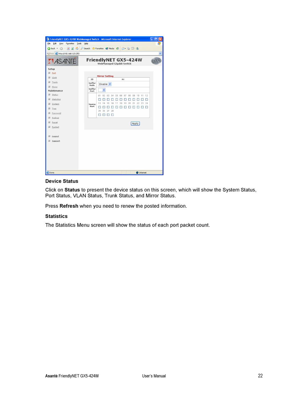 Asante Technologies GX5-424W user manual Device Status, Statistics 