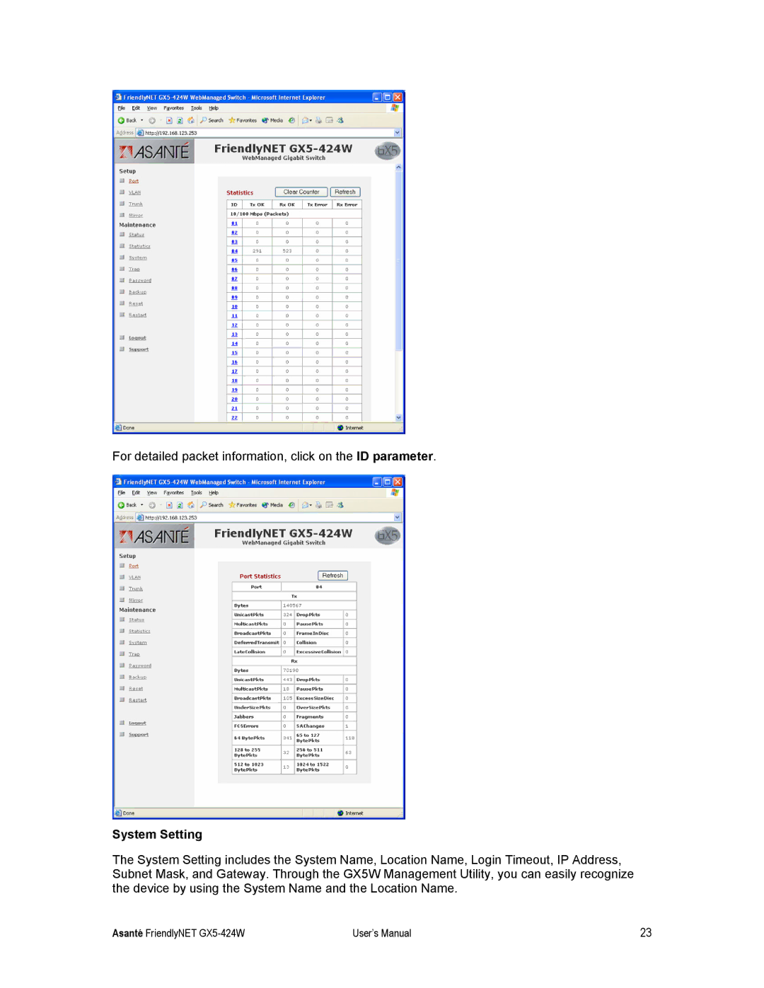 Asante Technologies GX5-424W user manual System Setting 