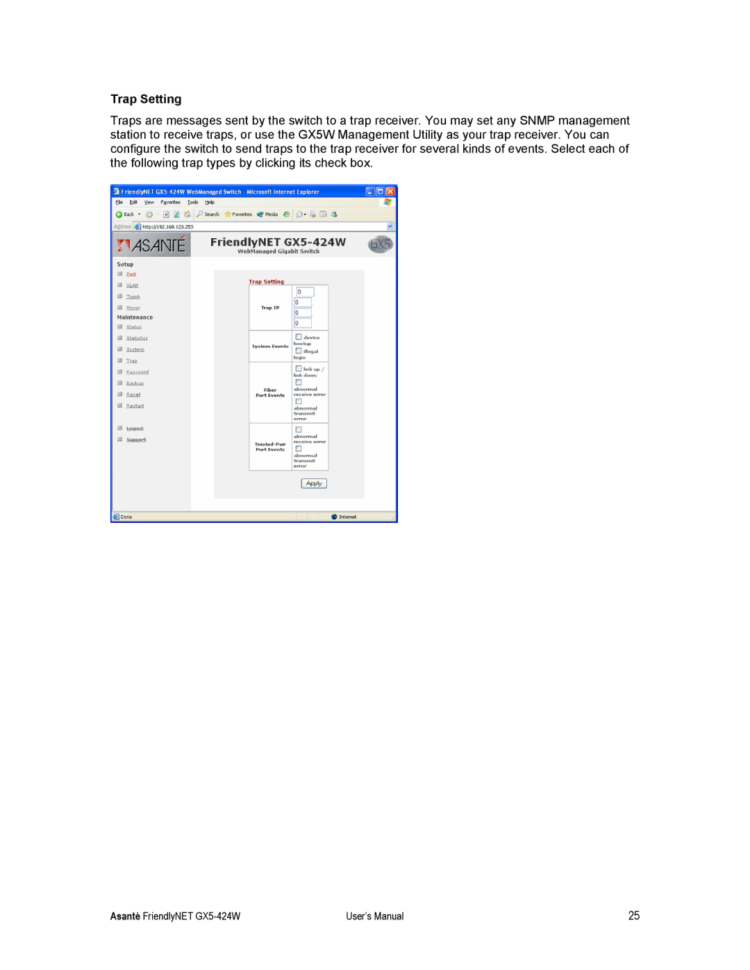 Asante Technologies GX5-424W user manual Trap Setting 