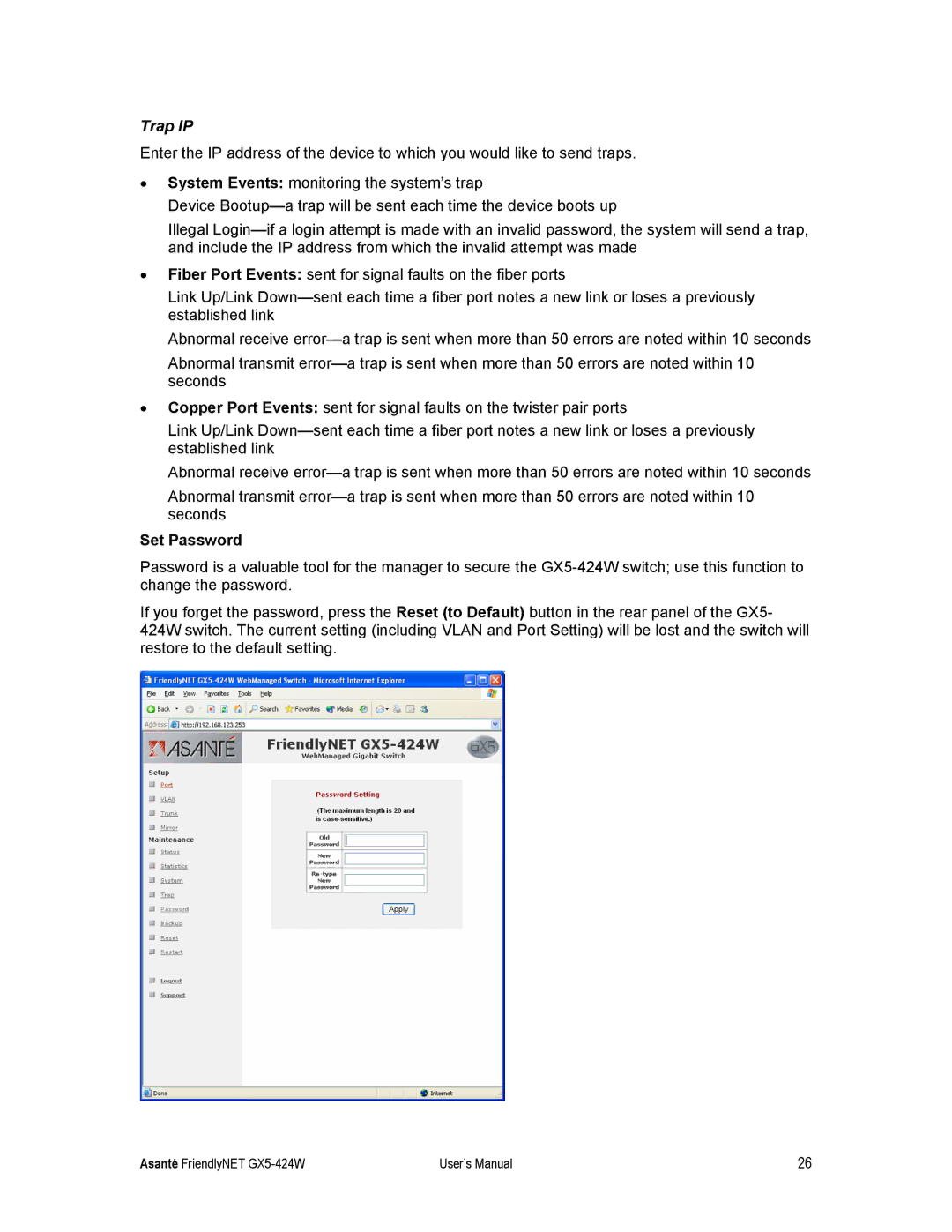 Asante Technologies GX5-424W user manual Trap IP, Set Password 