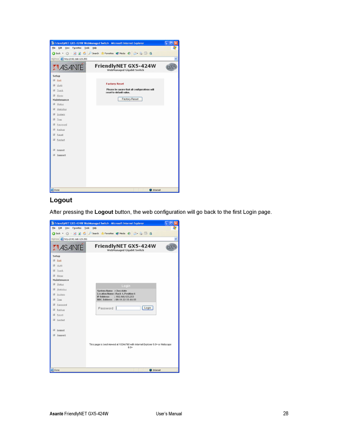 Asante Technologies GX5-424W user manual Logout 