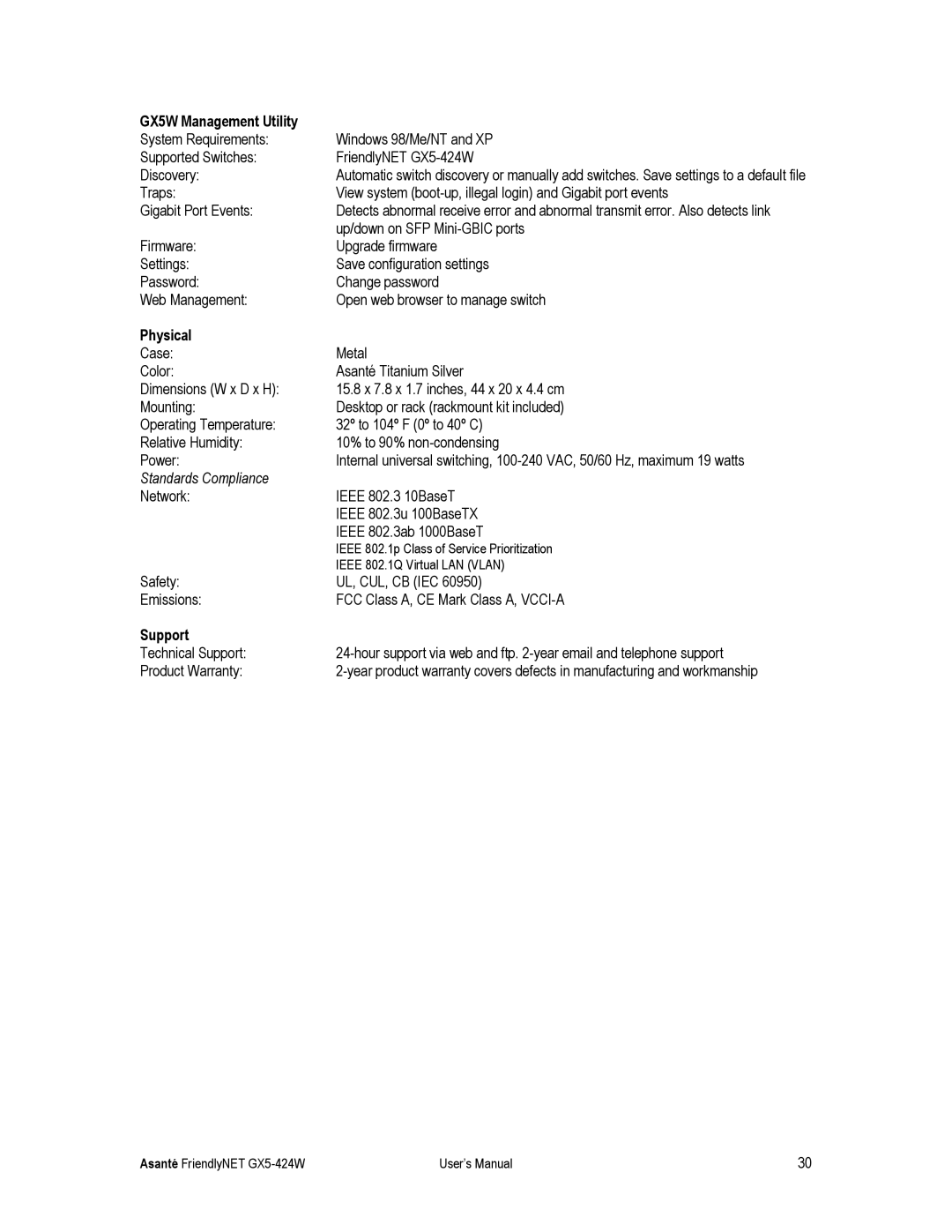 Asante Technologies GX5-424W user manual GX5W Management Utility, Physical, Support 