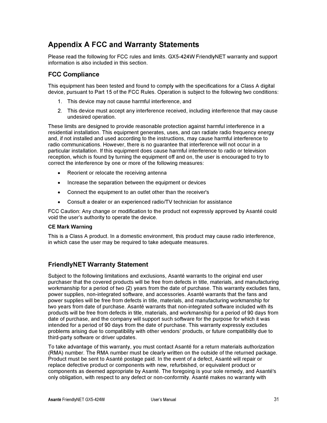 Asante Technologies GX5-424W Appendix a FCC and Warranty Statements, FCC Compliance, FriendlyNET Warranty Statement 