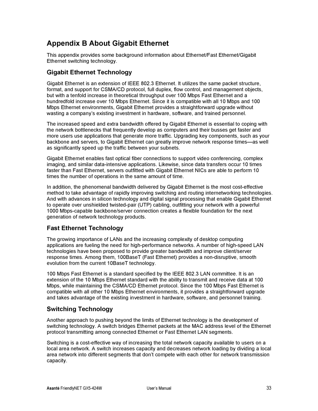 Asante Technologies GX5-424W Appendix B About Gigabit Ethernet, Gigabit Ethernet Technology, Fast Ethernet Technology 