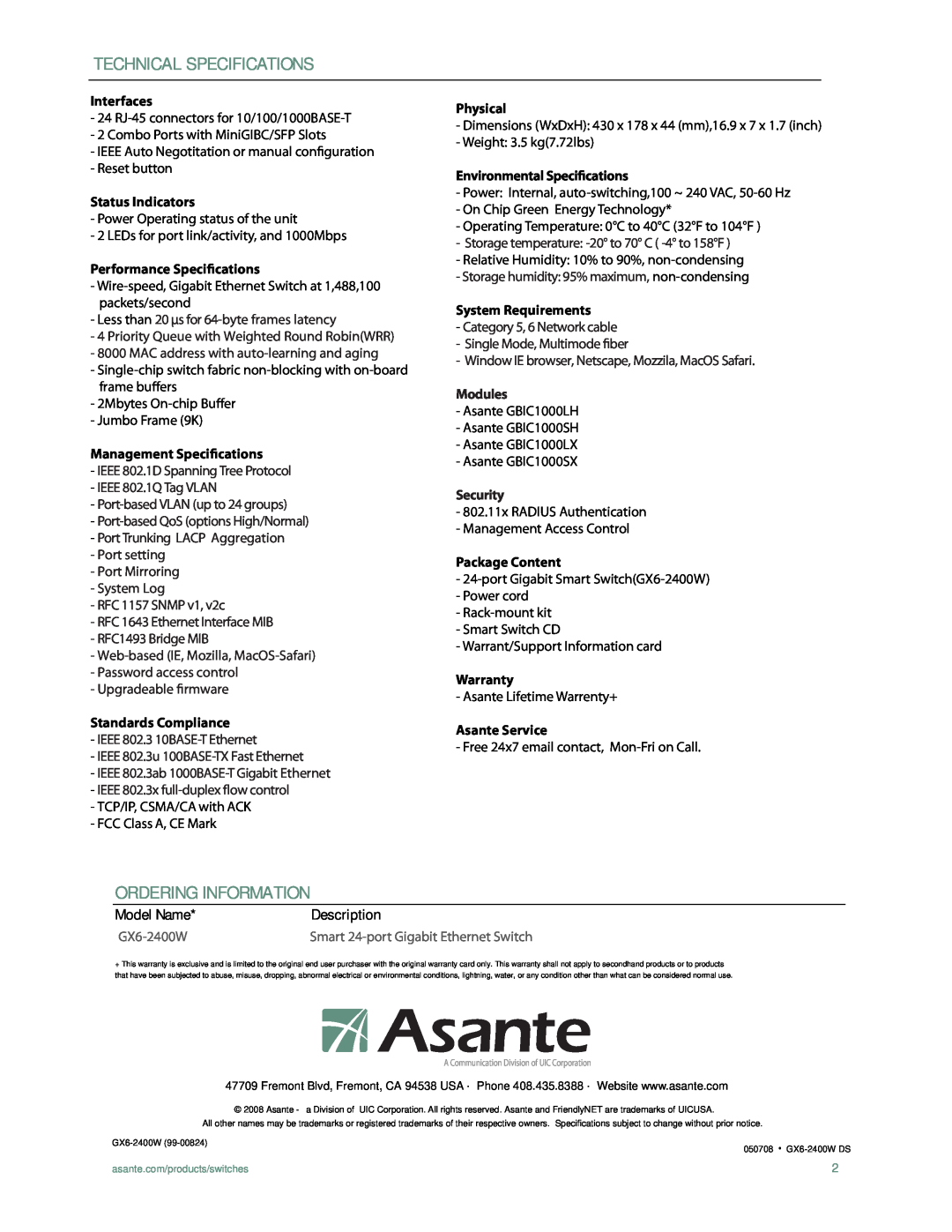 Asante Technologies GX6-2400W Technical Specifications, Ordering Information, Model Name, Description, Modules, Security 