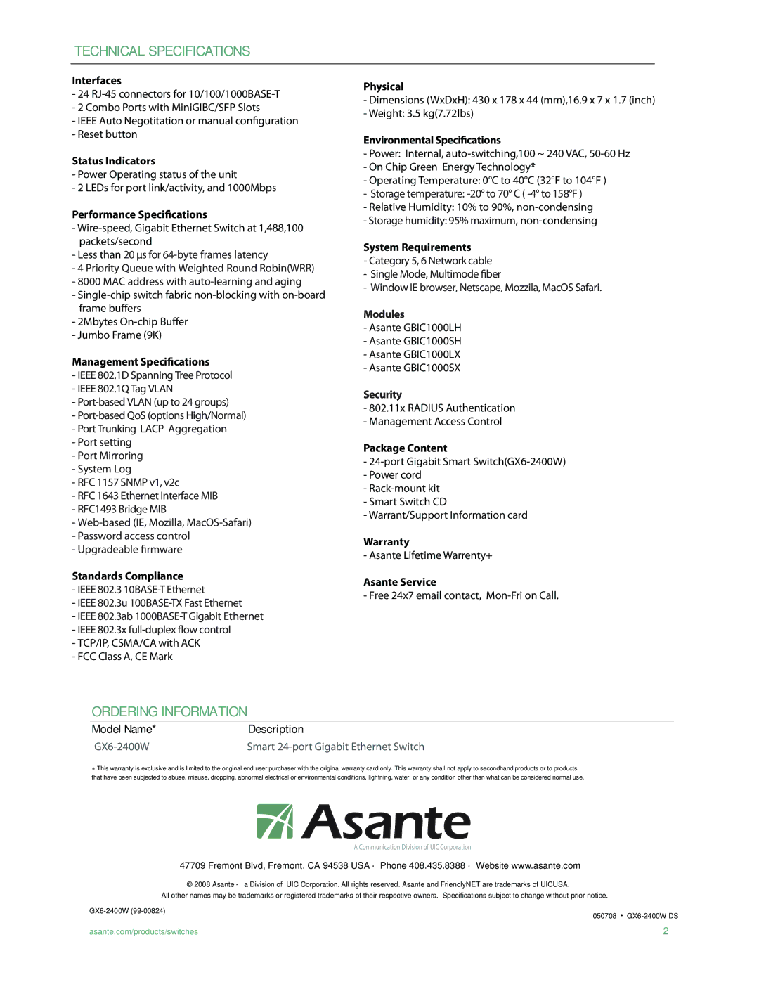 Asante Technologies GX6-2400W manual Technical Specifications, Ordering Information 