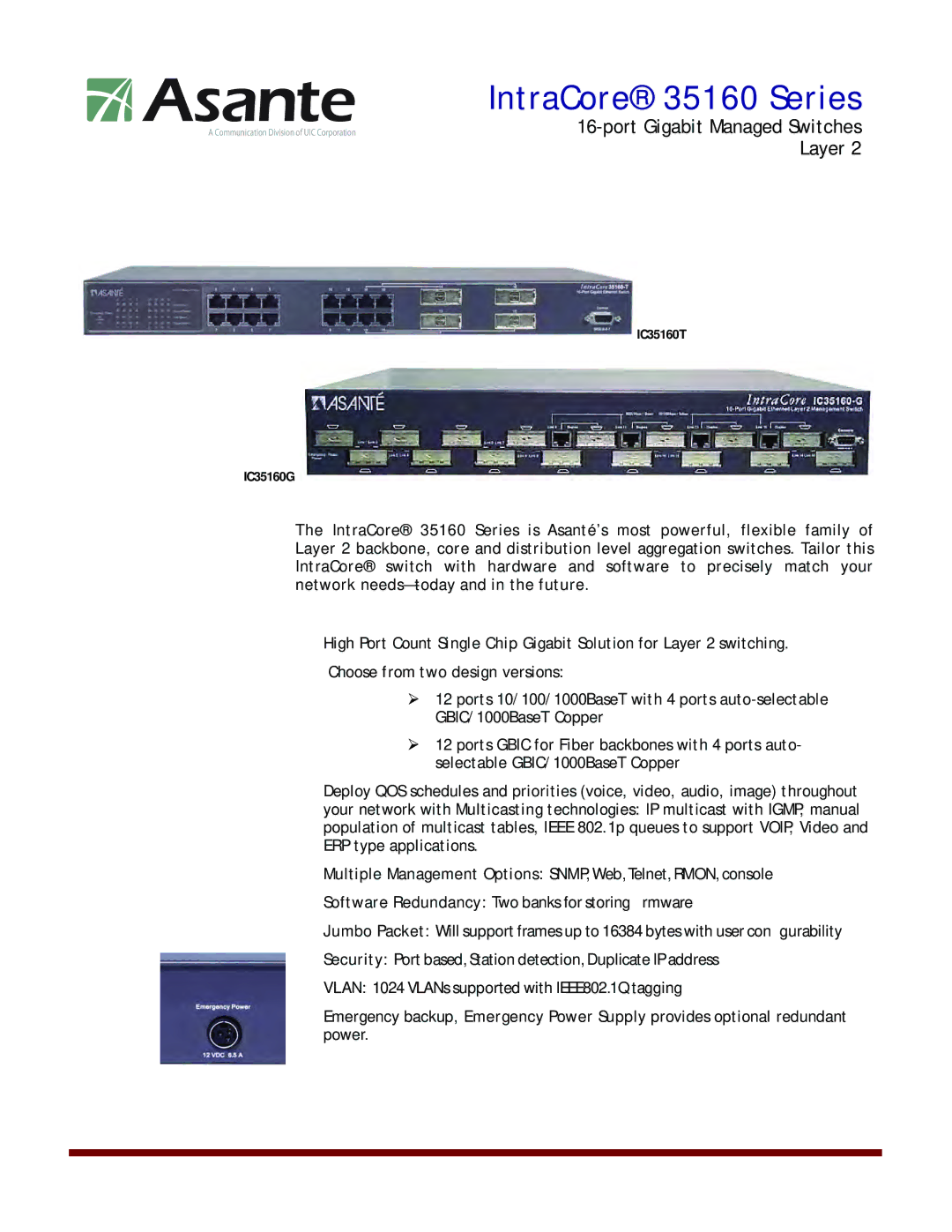 Asante Technologies IC35160T, IC35160G manual IntraCore 35160 Series 