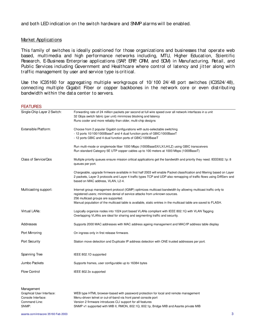 Asante Technologies IC35160T, IC35160G manual Features 