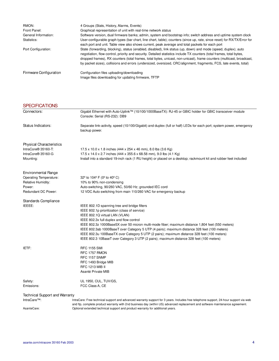 Asante Technologies IC35160G, IC35160T manual Specifications 