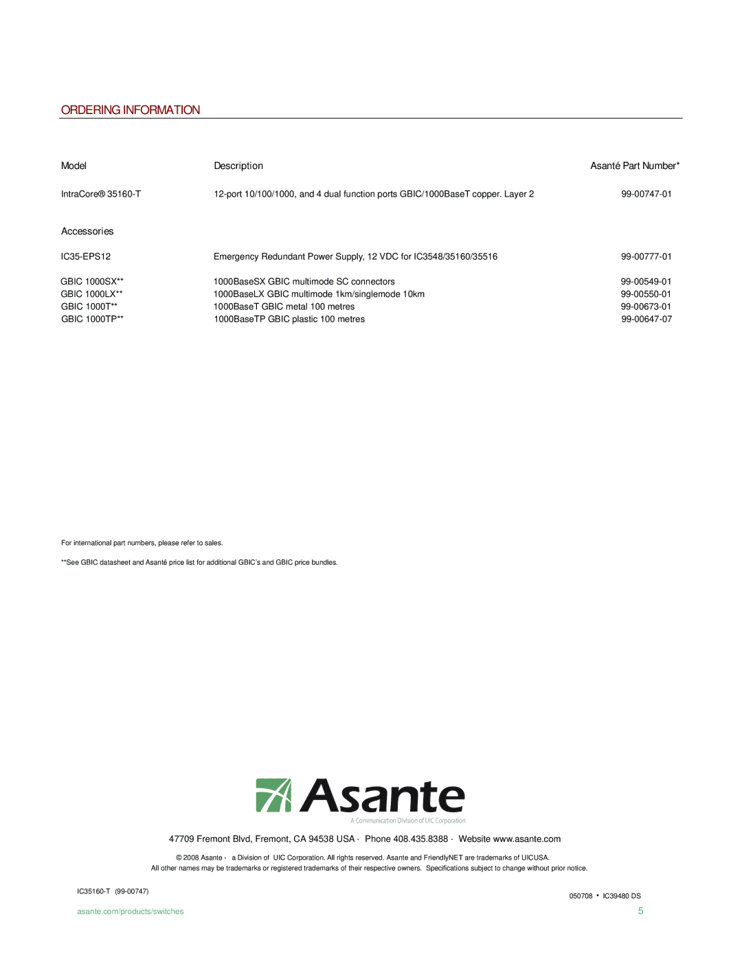 Asante Technologies IC35160T, IC35160G manual Ordering Information, Model Description Asanté Part Number, Accessories 