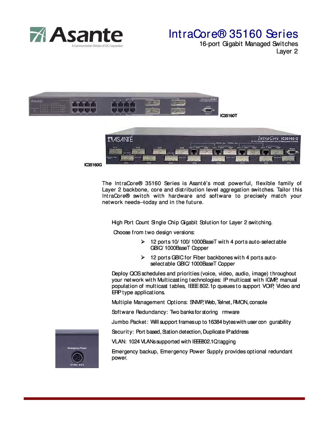Asante Technologies IC35160T, IC35160G manual IntraCore 35160 Series, port Gigabit Managed Switches Layer 
