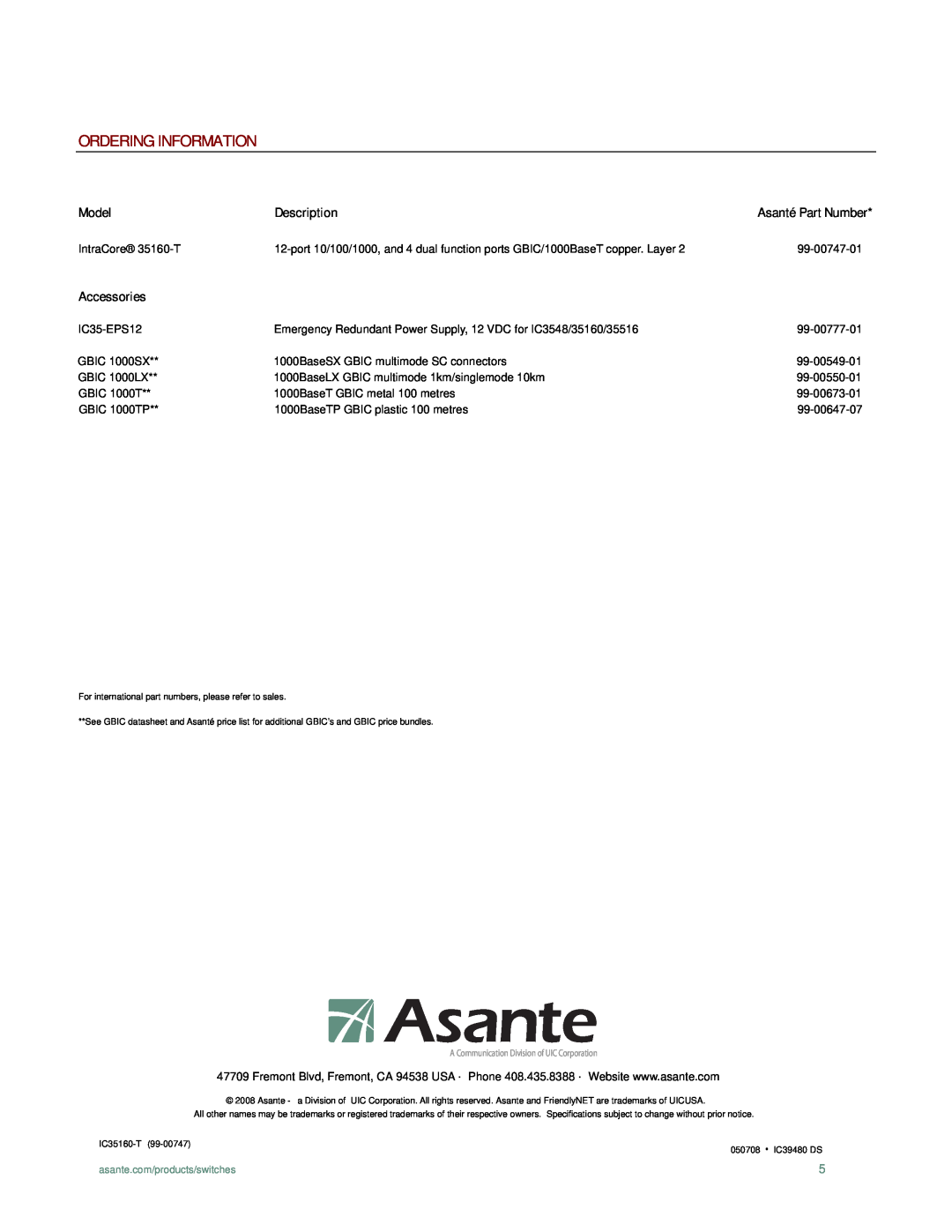 Asante Technologies IC35160T, IC35160G manual Ordering Information, Model, Description, Asanté Part Number, Accessories 