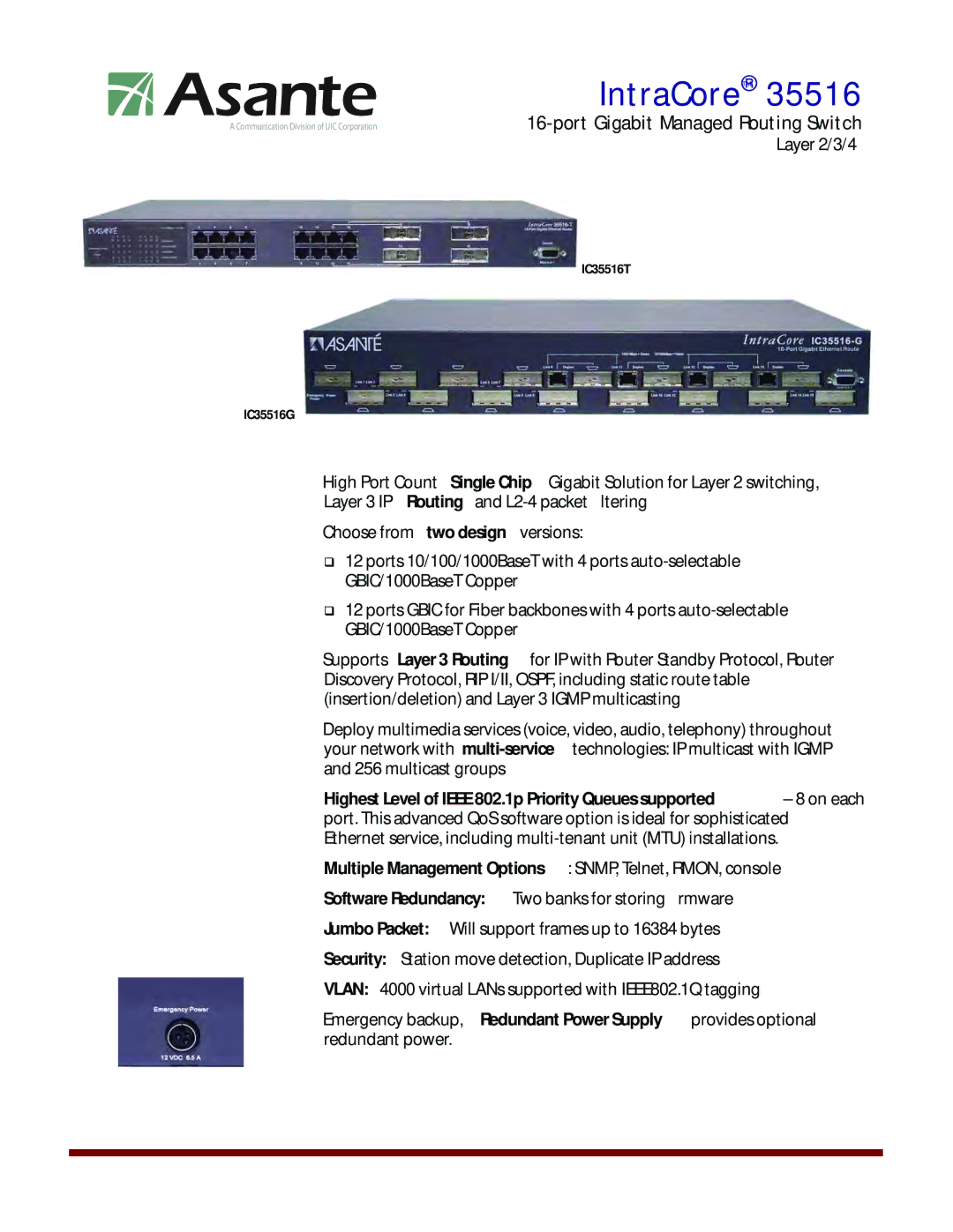 Asante Technologies IC35516G, IC35516T manual Software Redundancy, Emergency backup, Redundant Power Supply 