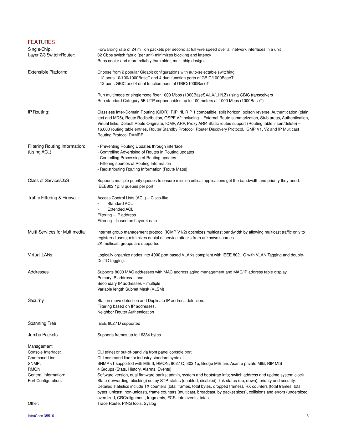 Asante Technologies IC35516G, IC35516T manual Features, Snmp Rmon 