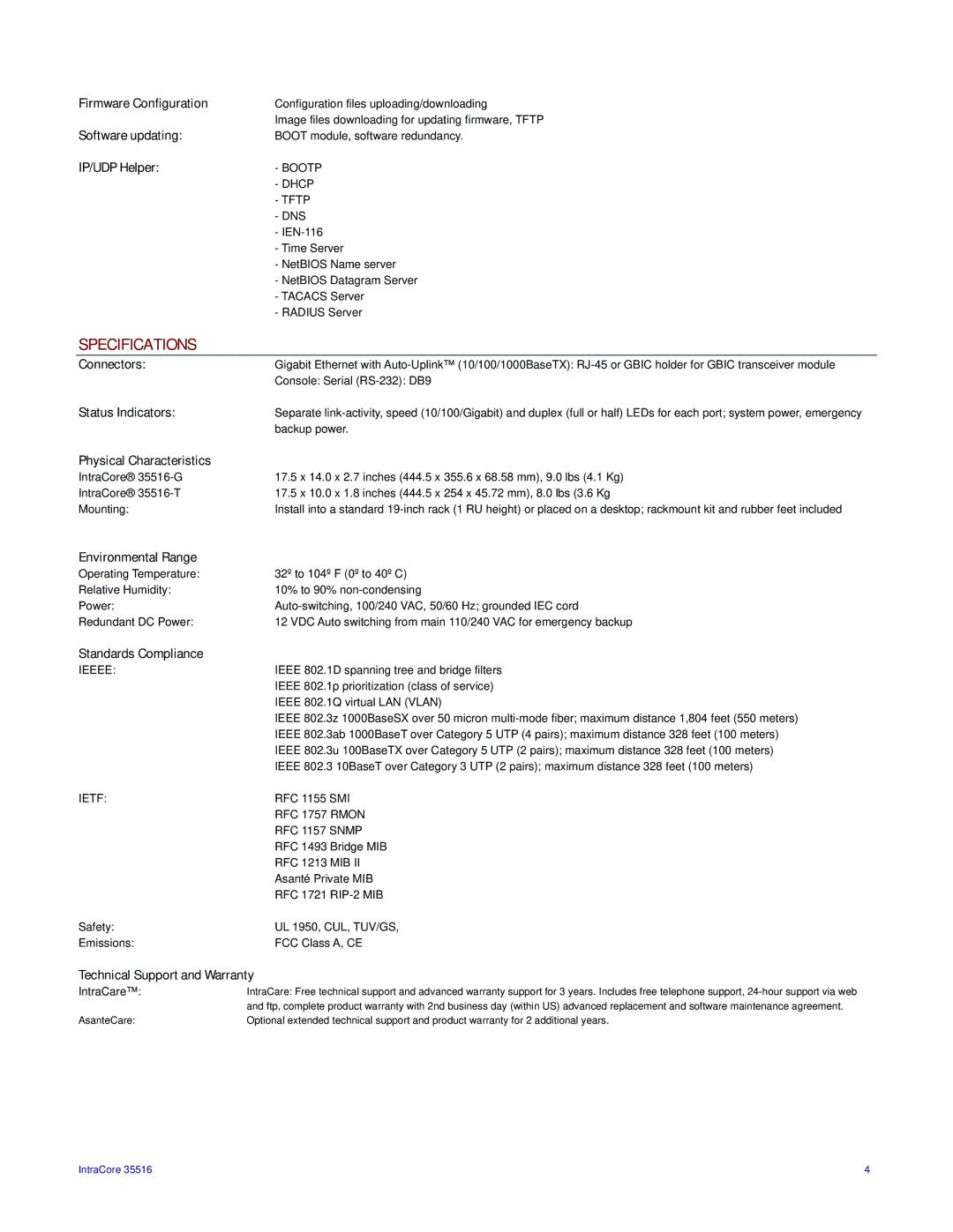 Asante Technologies IC35516T, IC35516G manual Specifications 