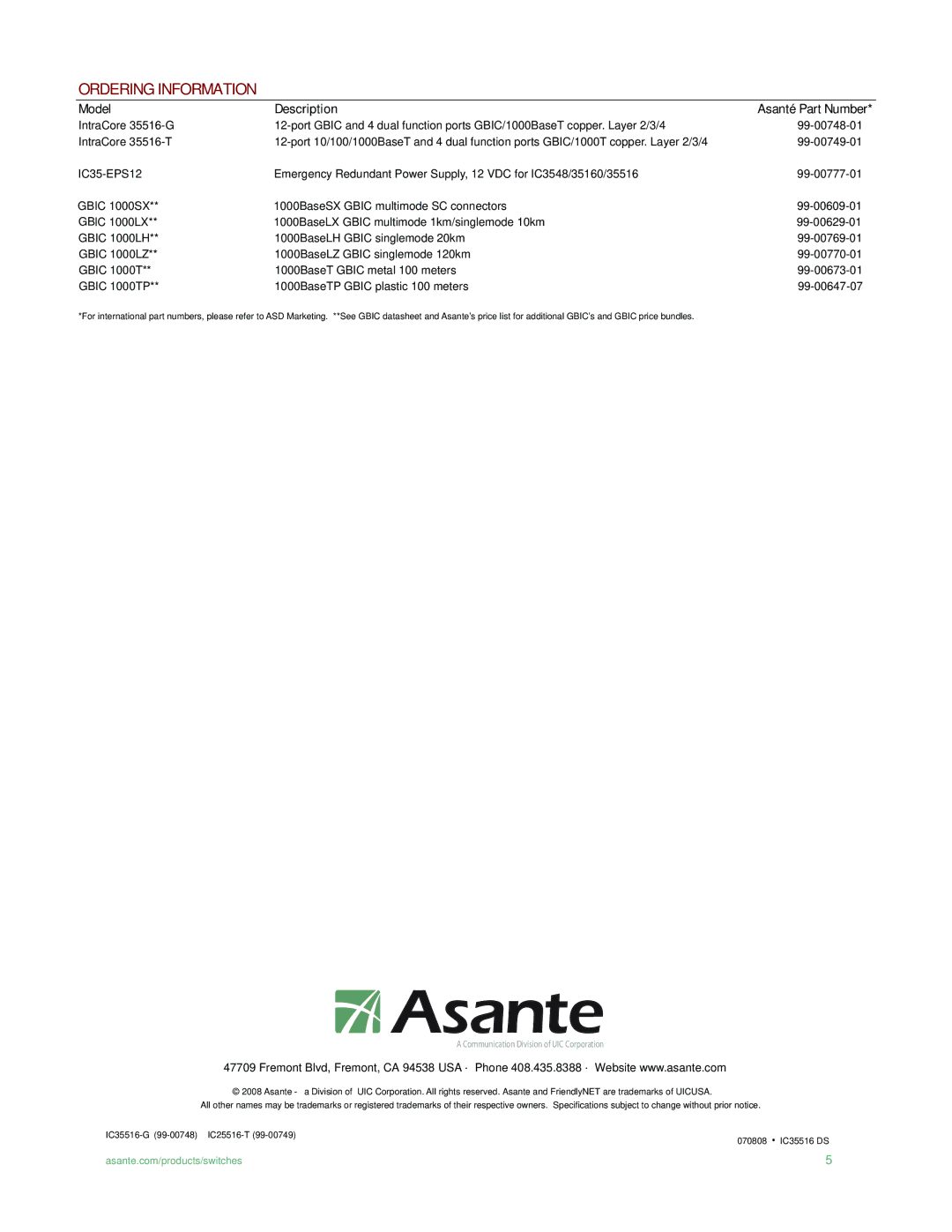 Asante Technologies IC35516G, IC35516T manual Ordering Information, Model Description Asanté Part Number 