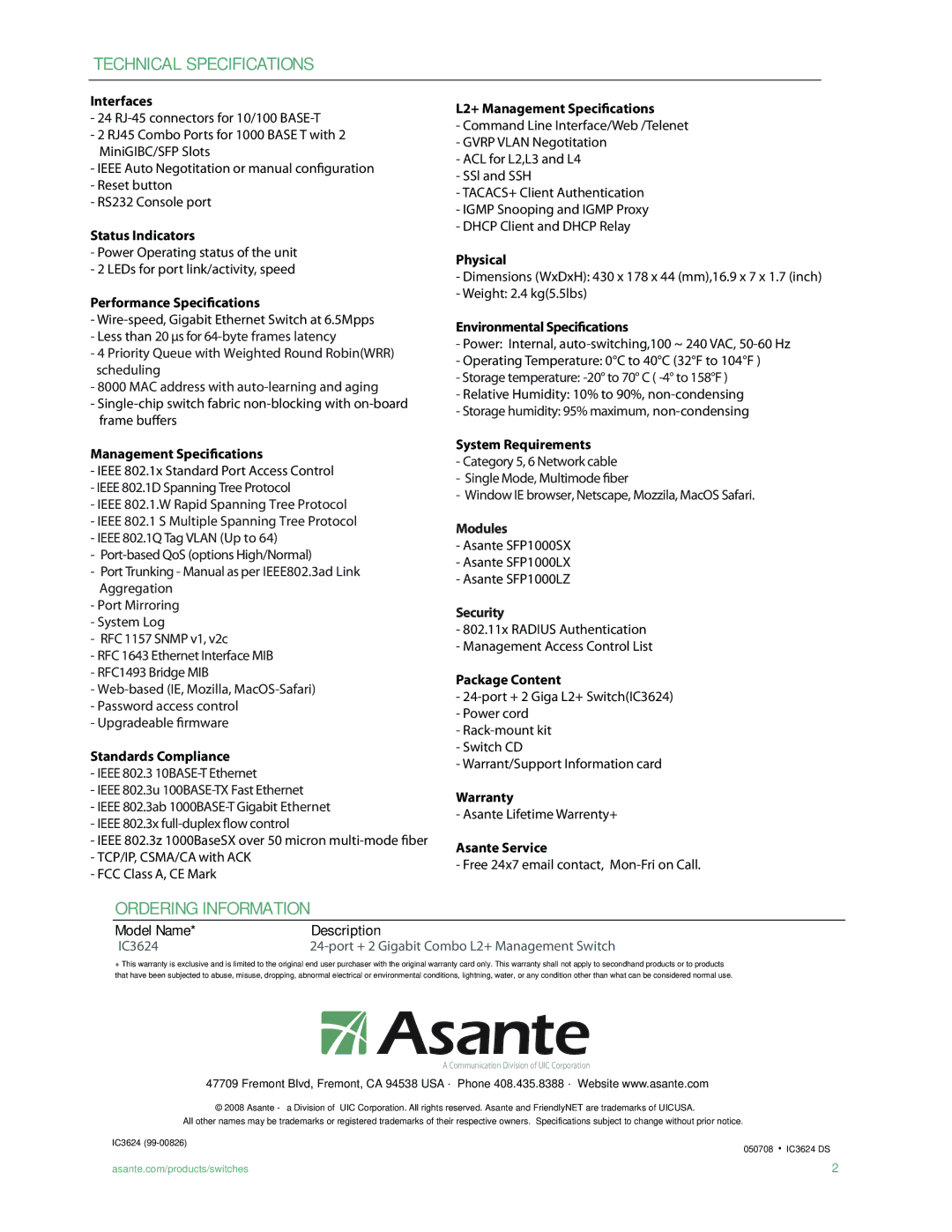 Asante Technologies IC3624 manual Technical Specifications, Ordering Information 