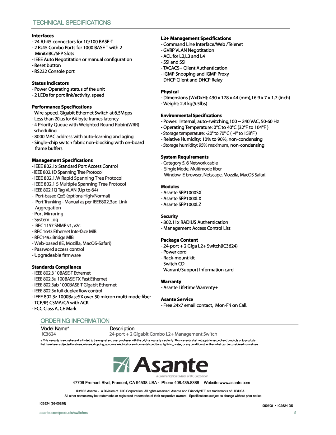 Asante Technologies IC3624 Technical Specifications, Ordering Information, Model Name, Description, Modules, Security 